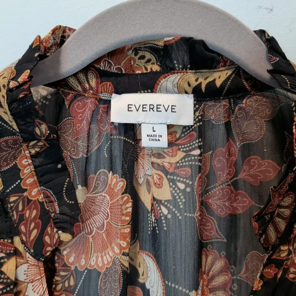 Evereve Women's Sz L Jaci Black Floral Gathered Sheer Blouse Button Up Metallic - Picture 6 of 7